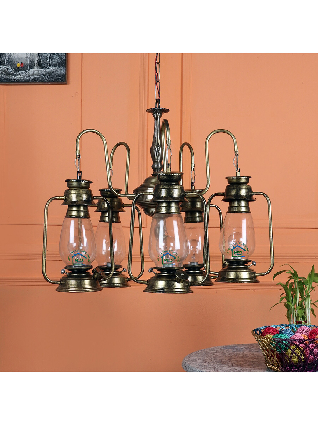 MFD HOME FURNISHING Gold-Toned Chandelier Traditional Ceiling Lamp