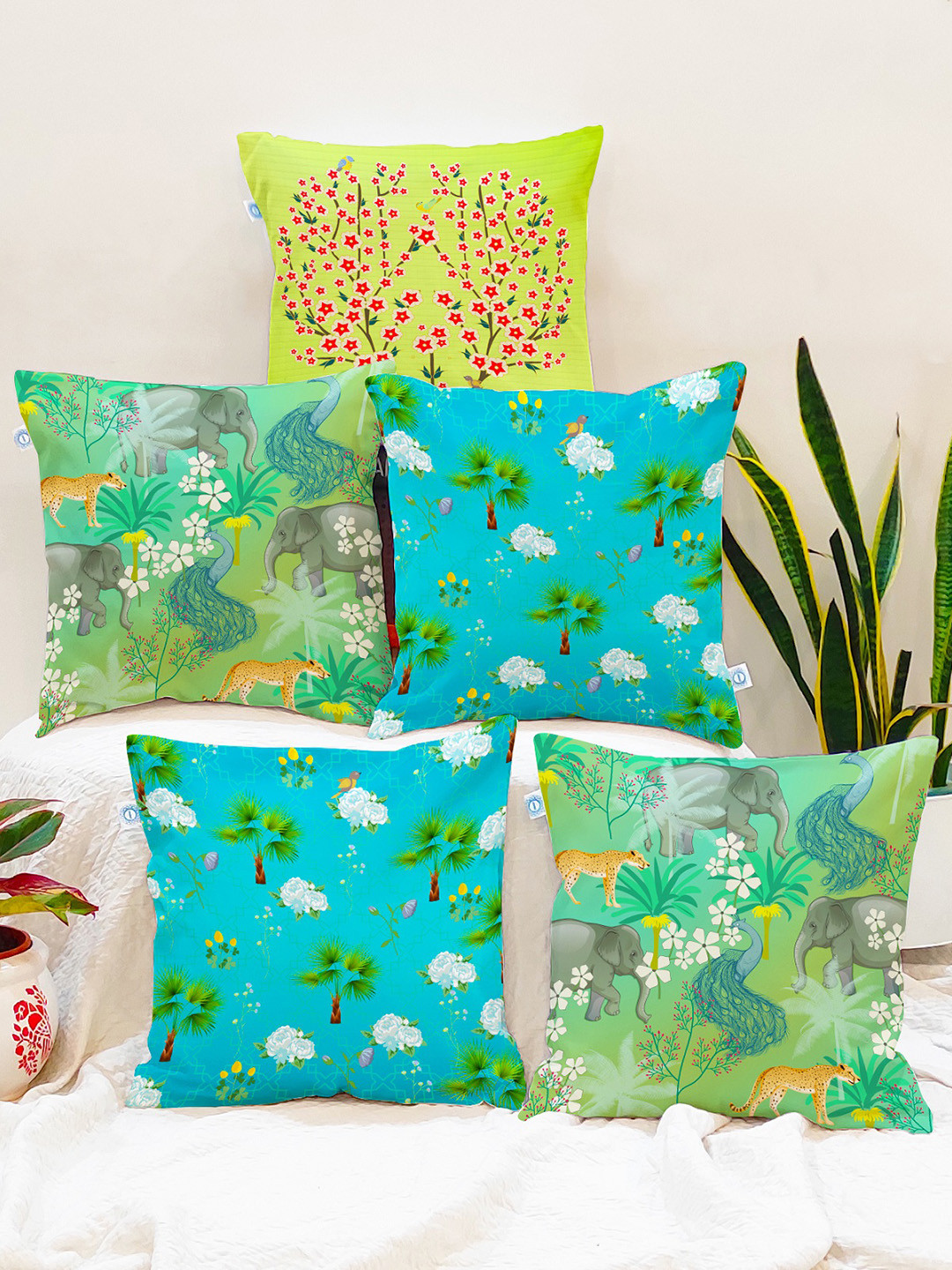 STITCHNEST Lilies Animal Cotton 5 Pcs Square Cushion Covers - 24 x 24 In