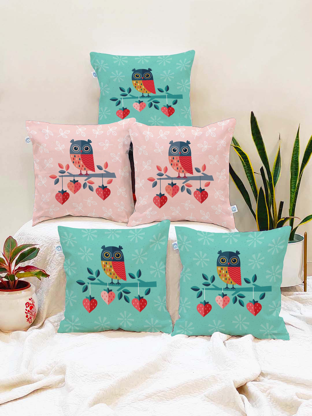STITCHNEST Set of 5 White & Blue Cotton Canvas Cushion Cover