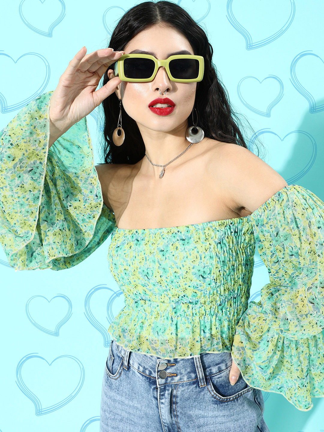 ANVI Be Yourself Floral Print Chiffon Bardot Style Top