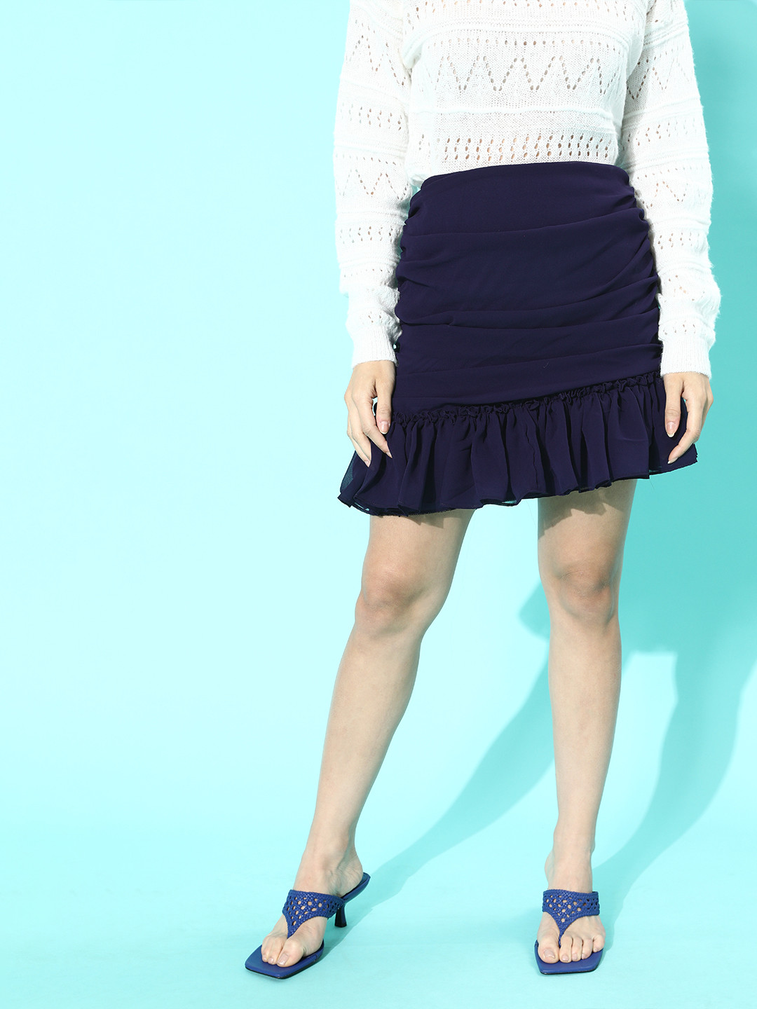 ANVI Be Yourself Women Stunning Blue Self-Design Ruffled Skirt