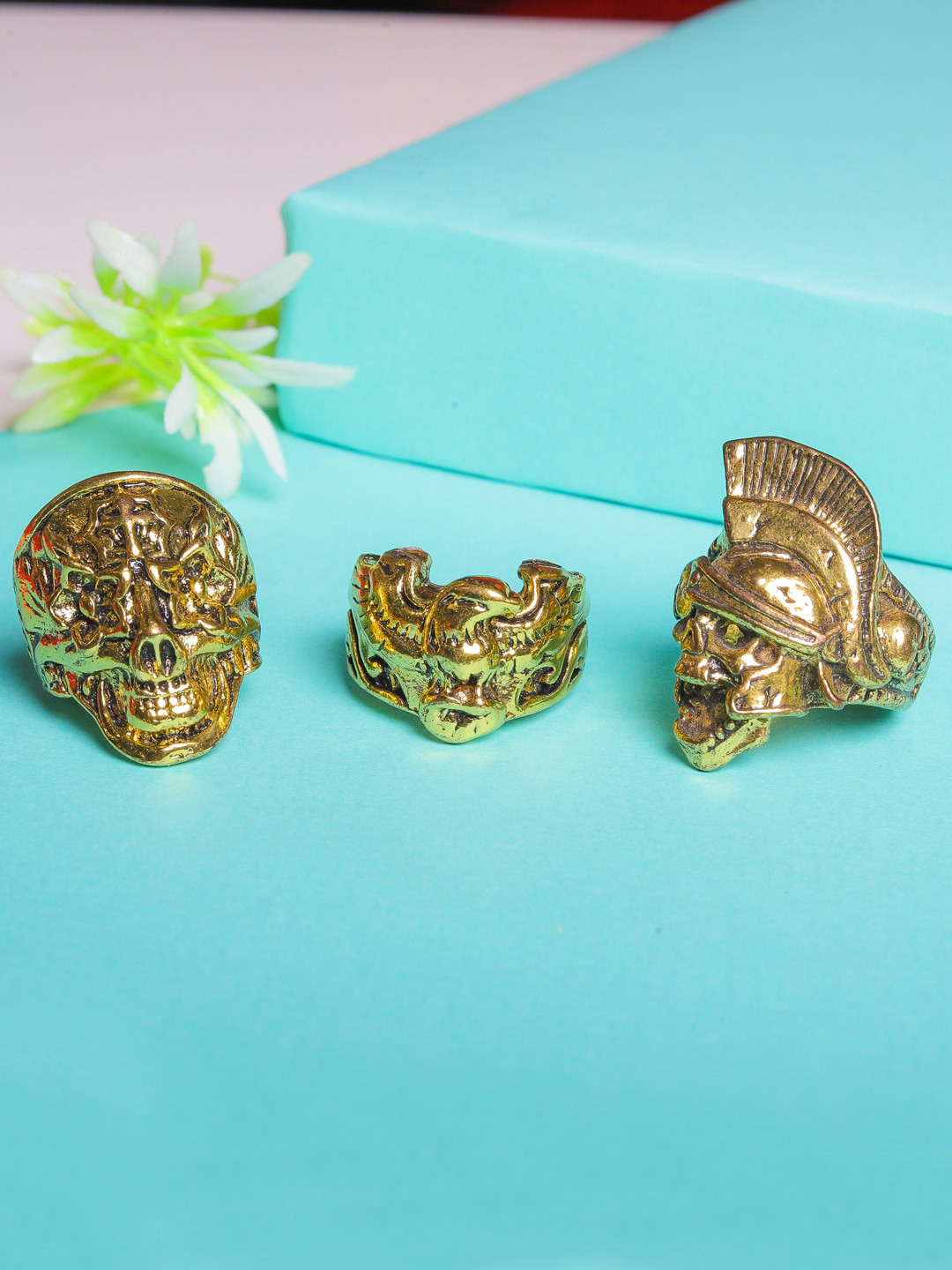 JEWEL JUNCTION Men Set Of 3 Gold-Plated Skull Finger Rings