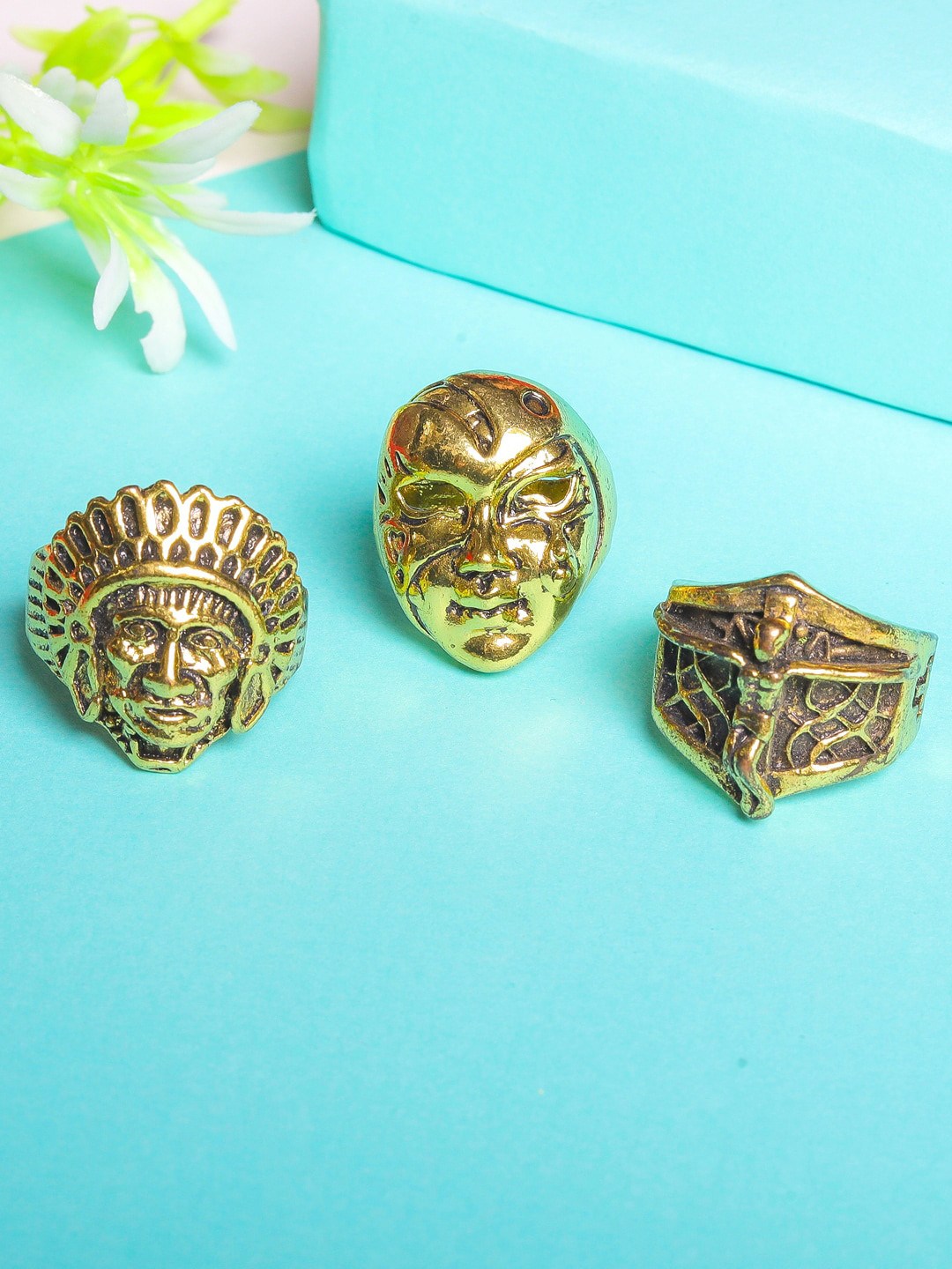 JEWEL JUNCTION Men Set Of 3 Gold-Plated Finger Rings