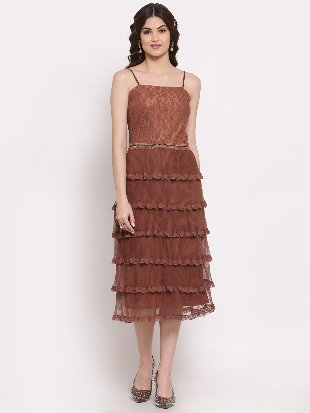 LELA Women Brown Net Strappy Midi Dress