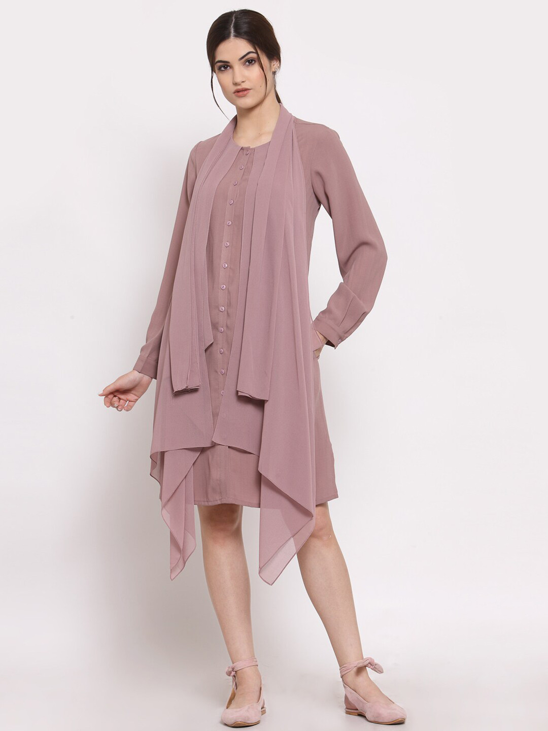 LELA Pink Solid Round Neck Satin A-Line Dress