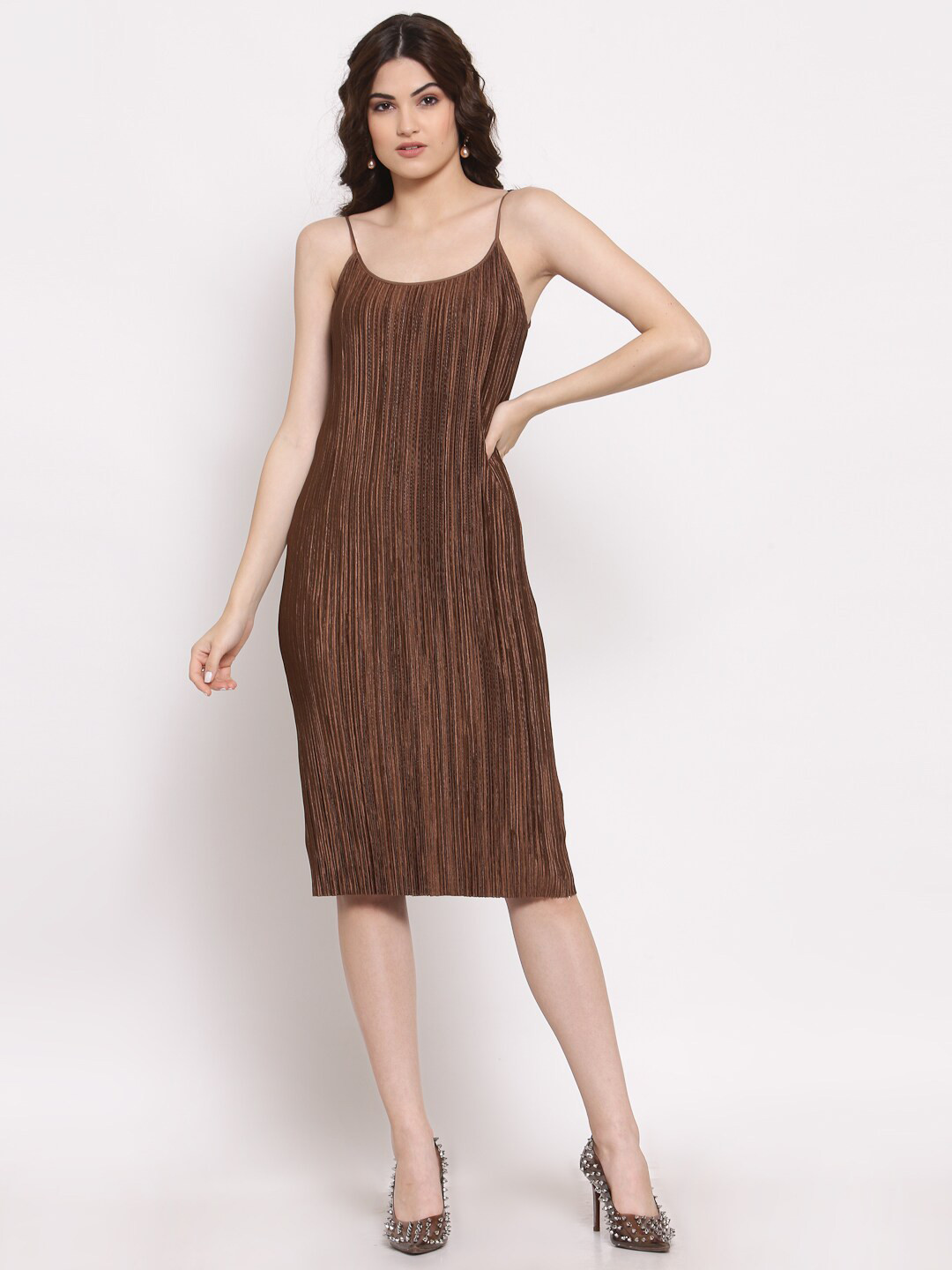 LELA Brown Sheath Satin Spaghetti Midi Dress