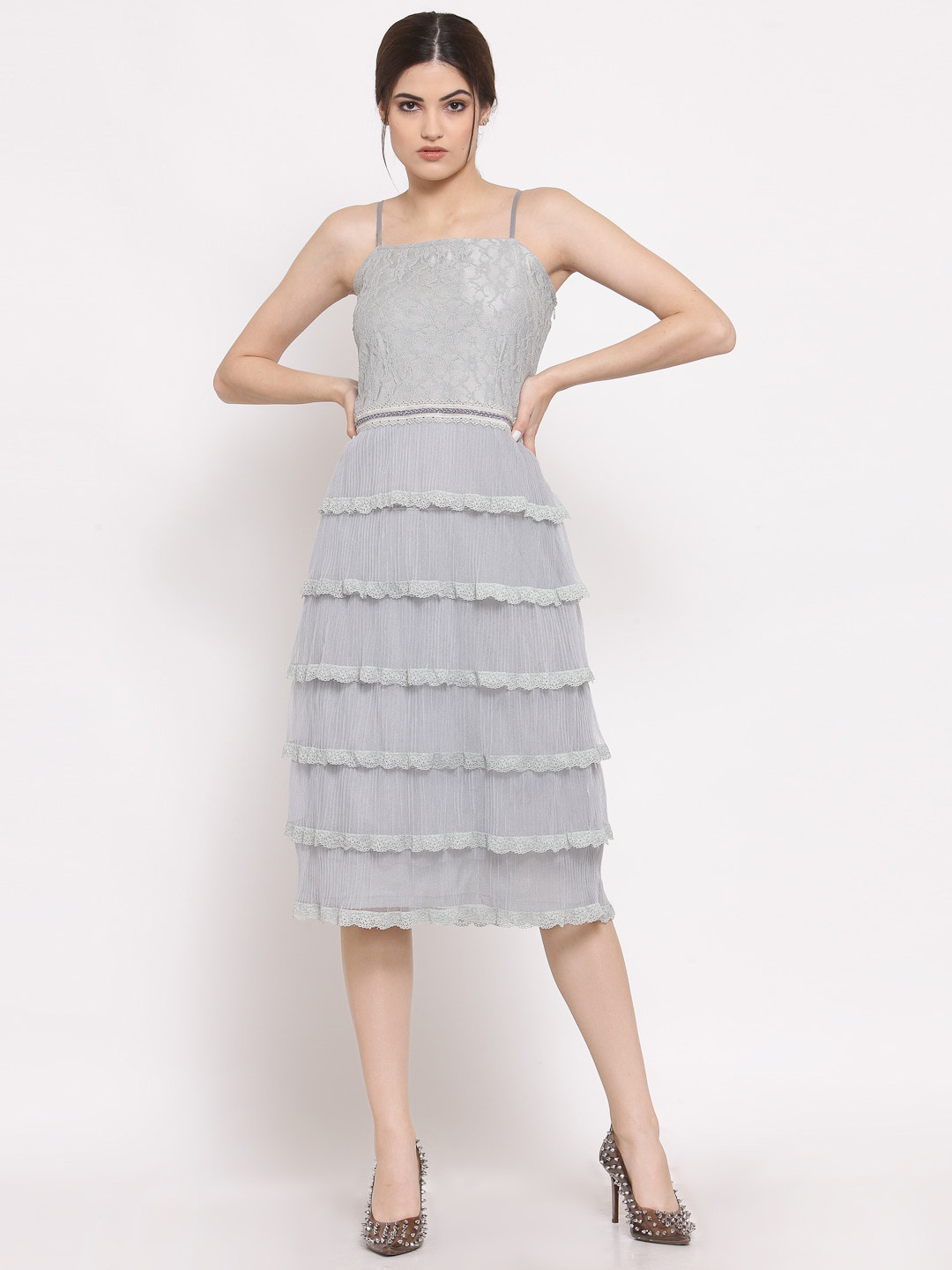 LELA Grey Net A-Line Midi Dress