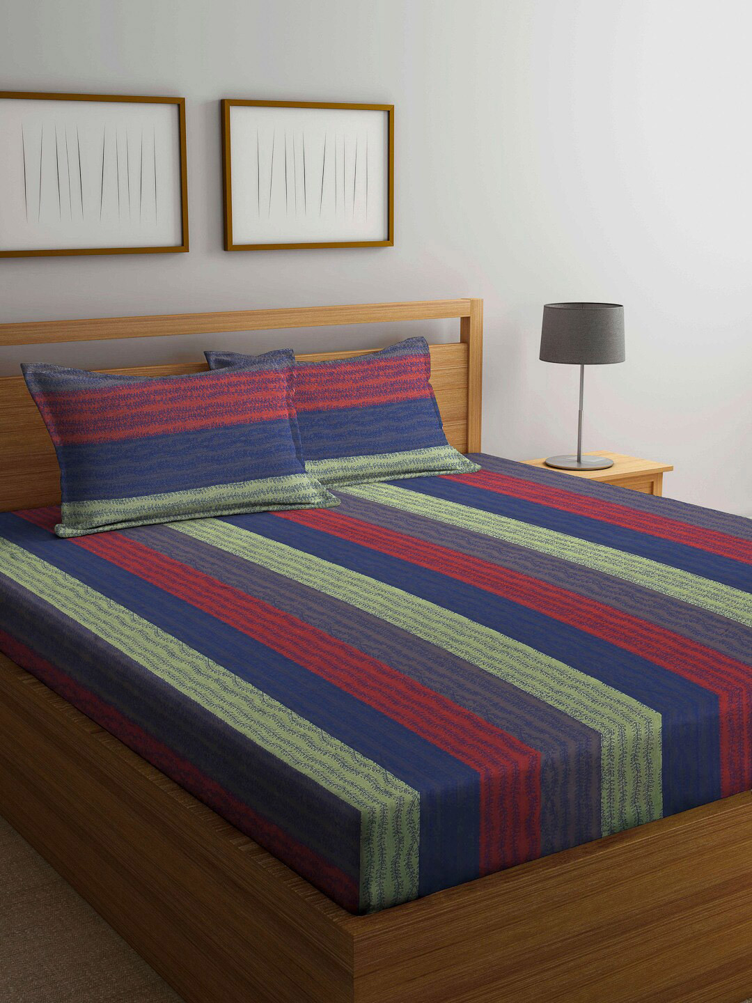 Arrabi Red Striped Cotton 300 TC King Fine Bedsheet with 2 Pillow Covers-102 x 91 inches