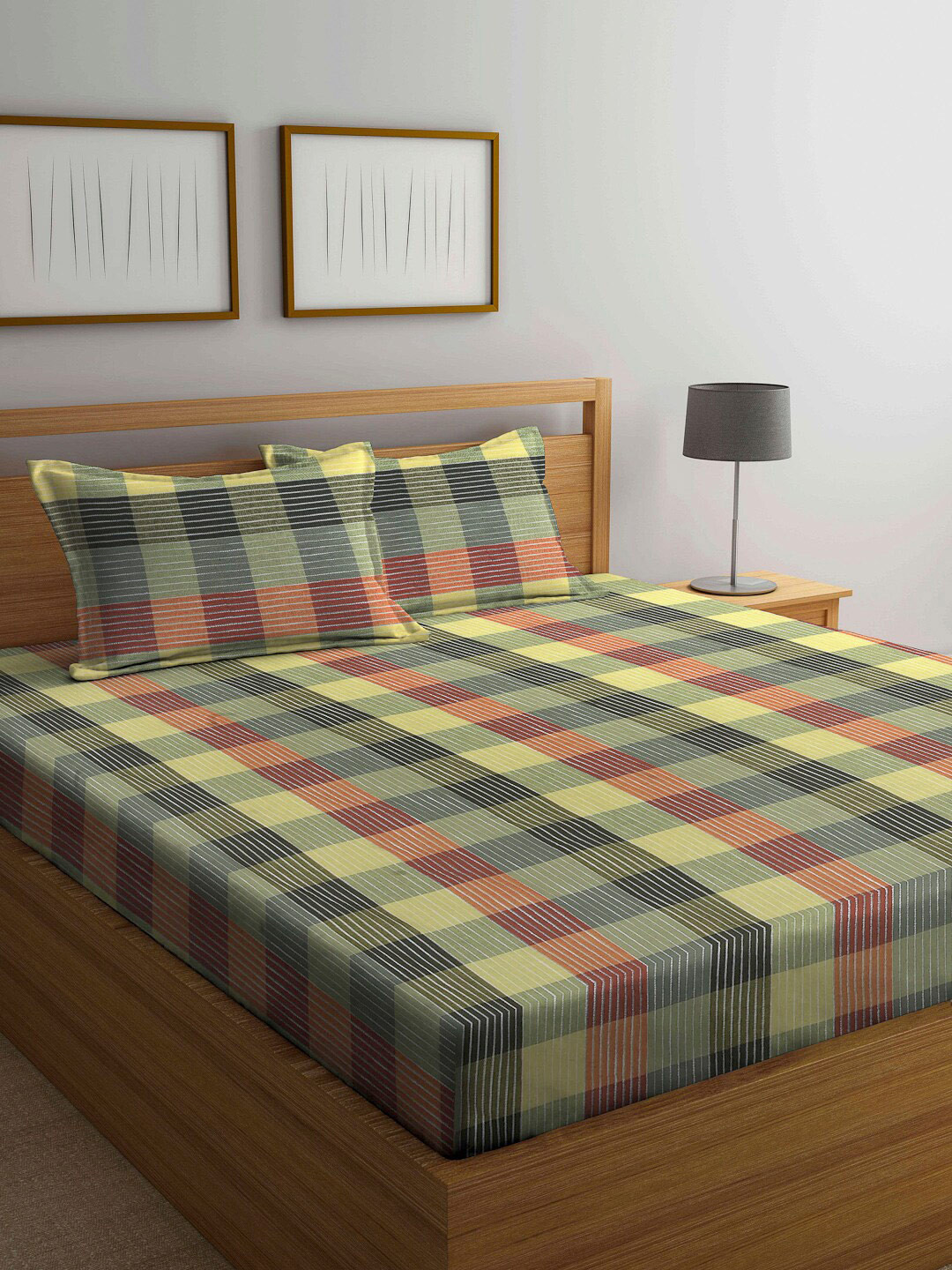 Arrabi Yellow Checked Cotton 300 TC King Fine Bedsheet with 2 Pillow Covers-106 x 106 inches