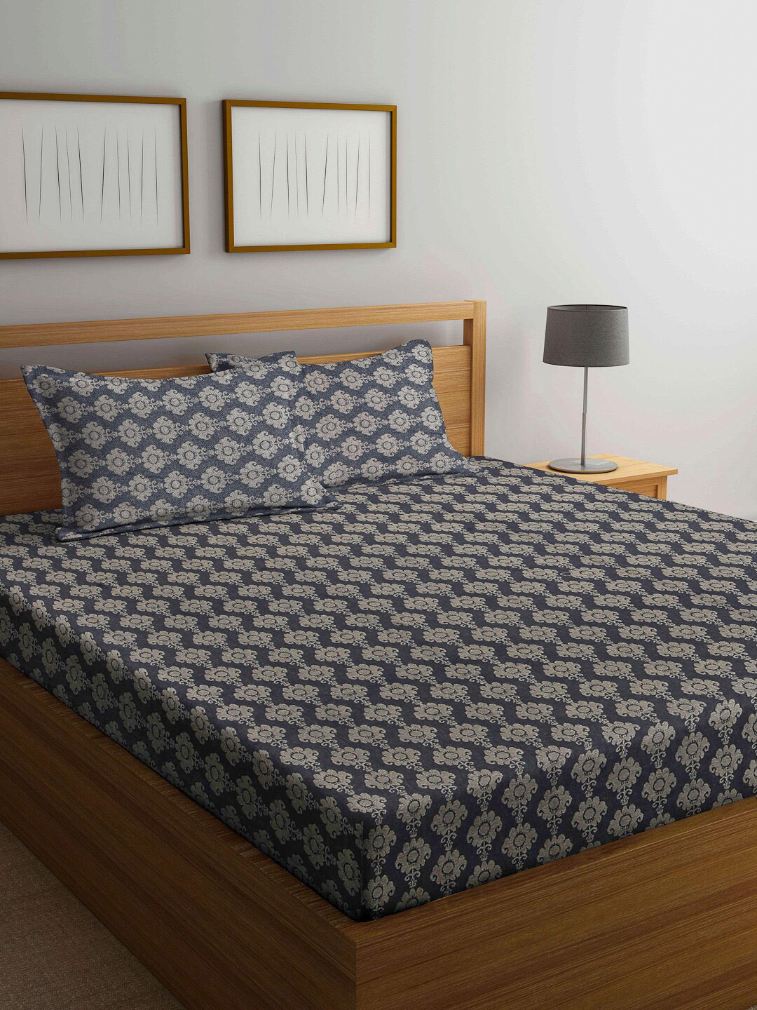 Arrabi Black Ethnic Motifs Cotton 300 TC King Fine Bedsheet with 2 Pillow Covers-102 x 91 inches