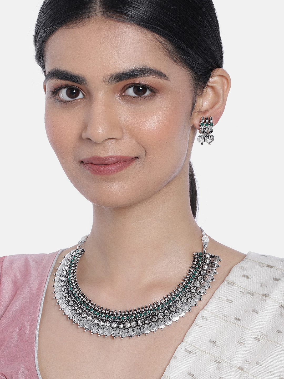 I Jewels Oxidised Silver Plated Coin Jewellery Set