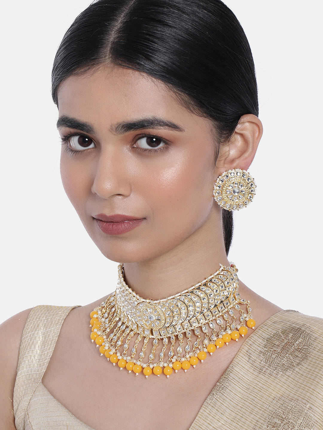 I Jewels Yellow Gold Plated Kundan & Pearls Studded Choker Jewellery Set