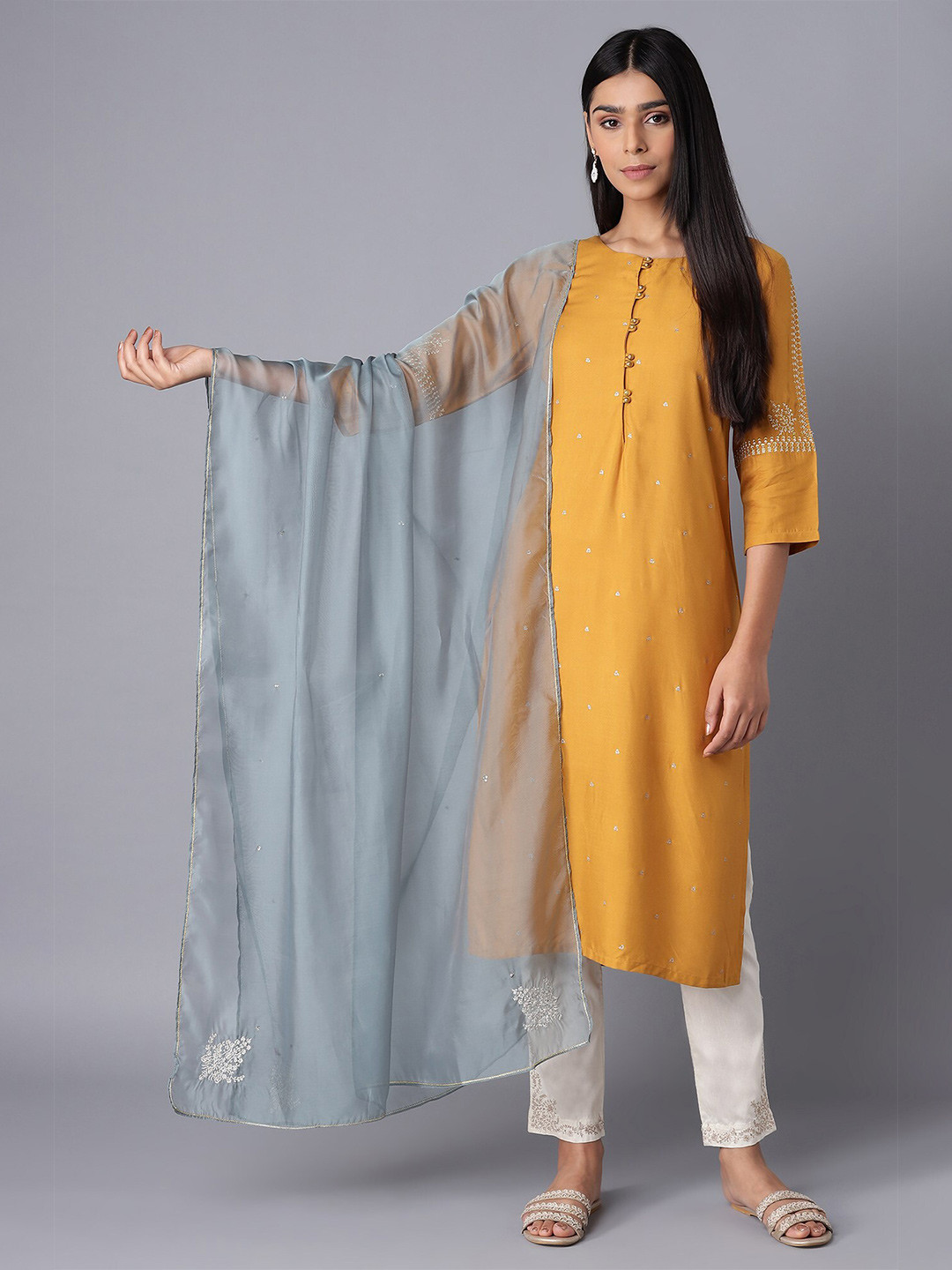W Blue & Gold-Toned Organza Dupatta with Thread Work
