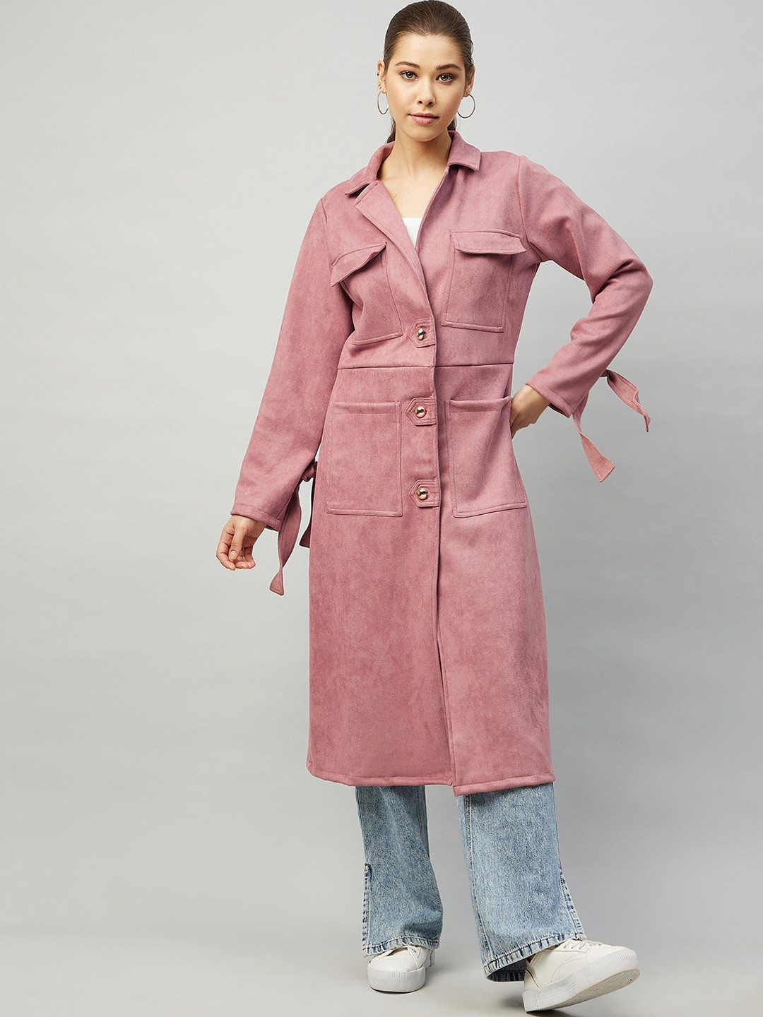 Athena Women Pink Solid Long Line Trench Coat