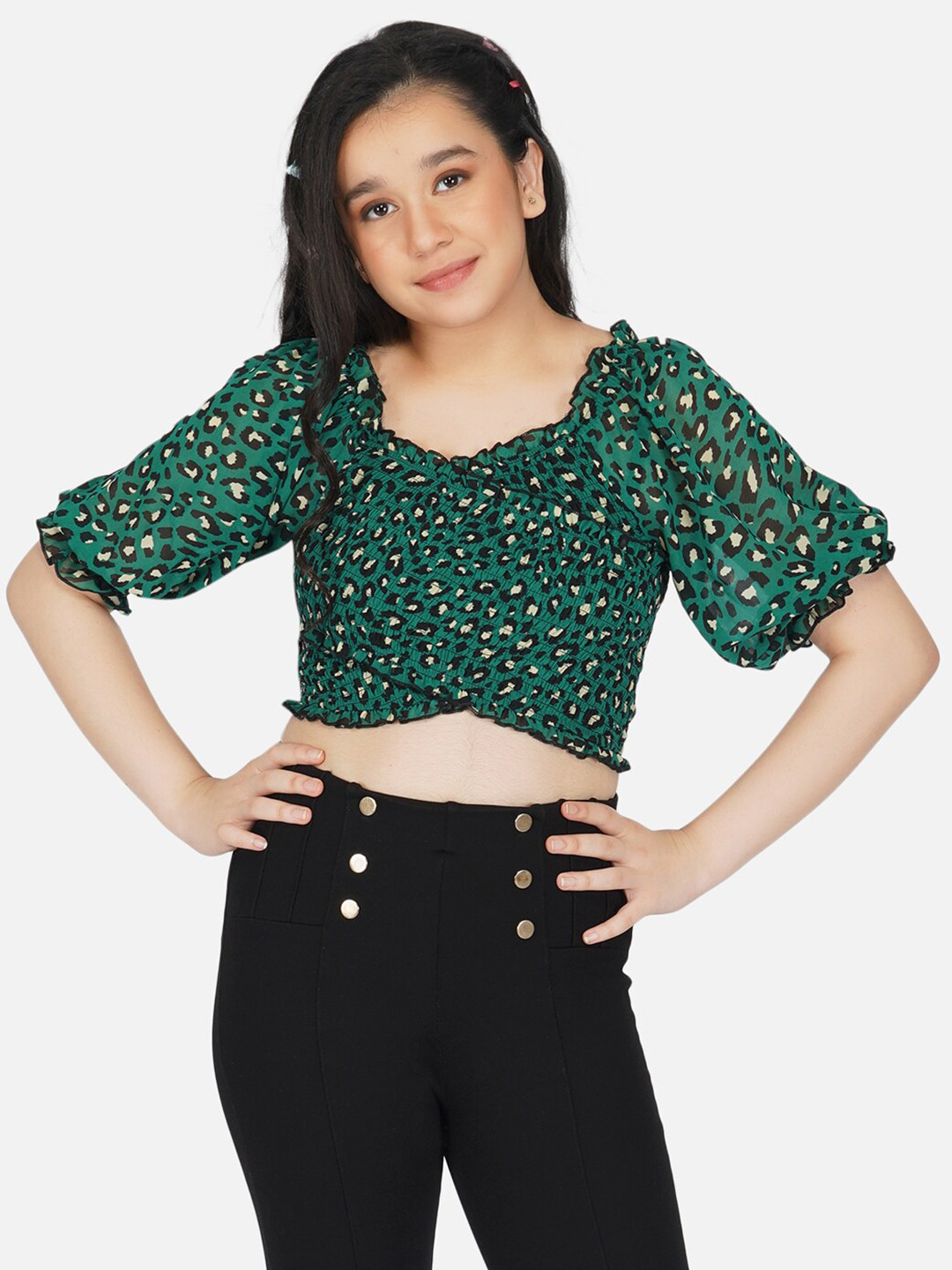 Antheaa Green Floral Print Smocked Chiffon Crop Top