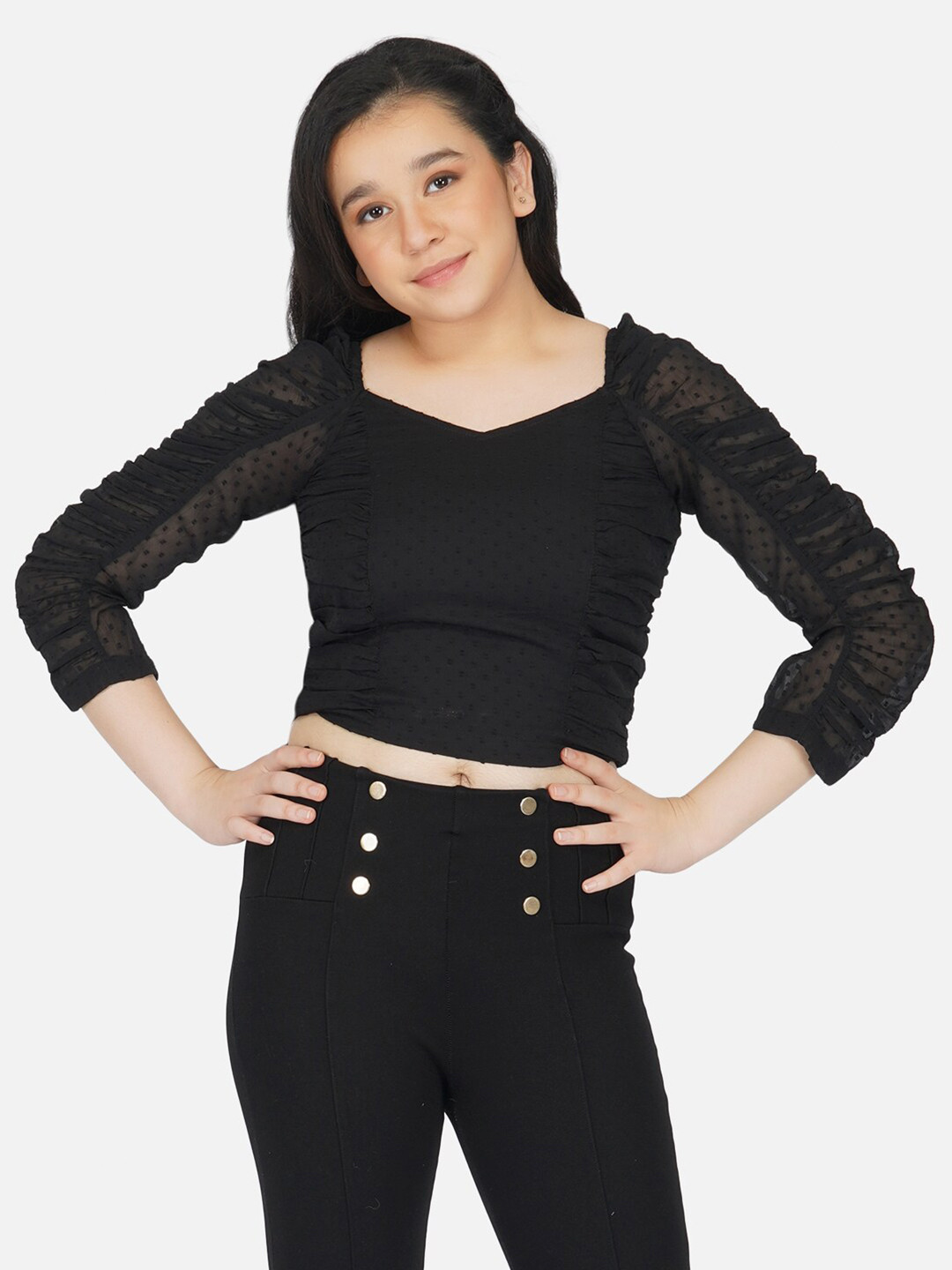 Antheaa Black Sweetheart Neck Chiffon Crop Top