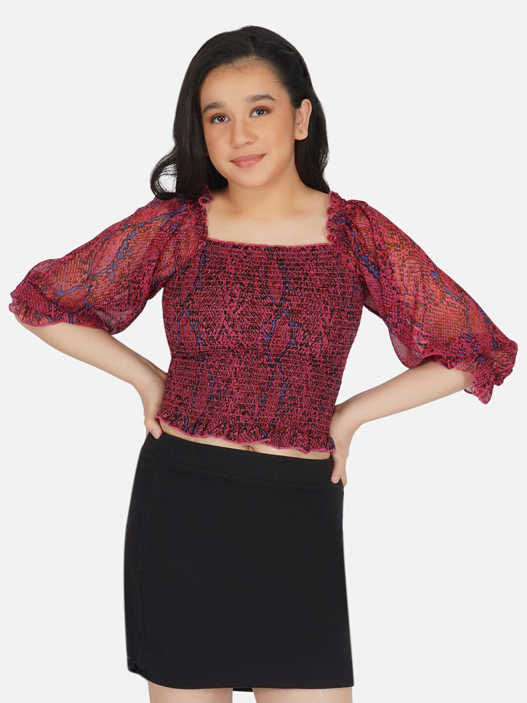Antheaa Girls Pink & Blue Animal Print Smocked Chiffon Crop Top