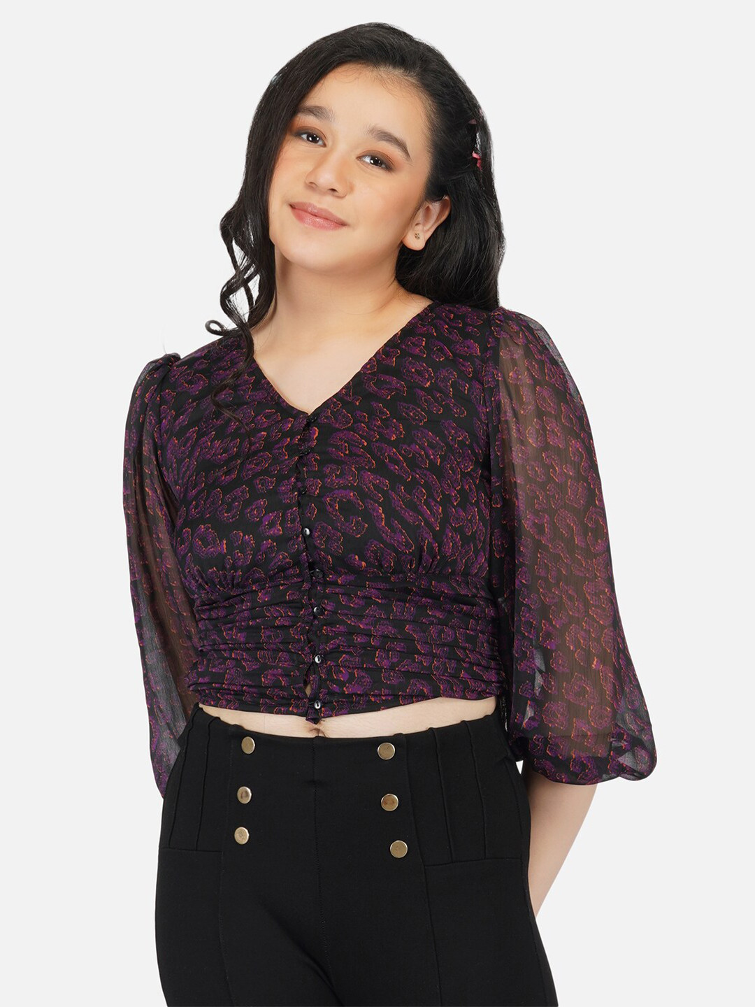 Antheaa Girls Black & Pink Print Chiffon Fitted Crop Top