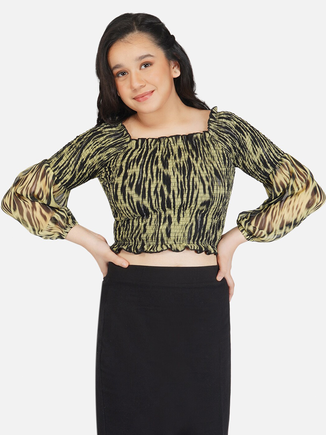 Antheaa Yellow & Black Animal Print Smocked Chiffon Blouson Crop Top