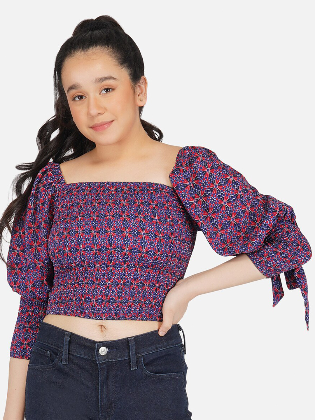 Antheaa Blue Floral Print Smocked Chiffon Crop Top