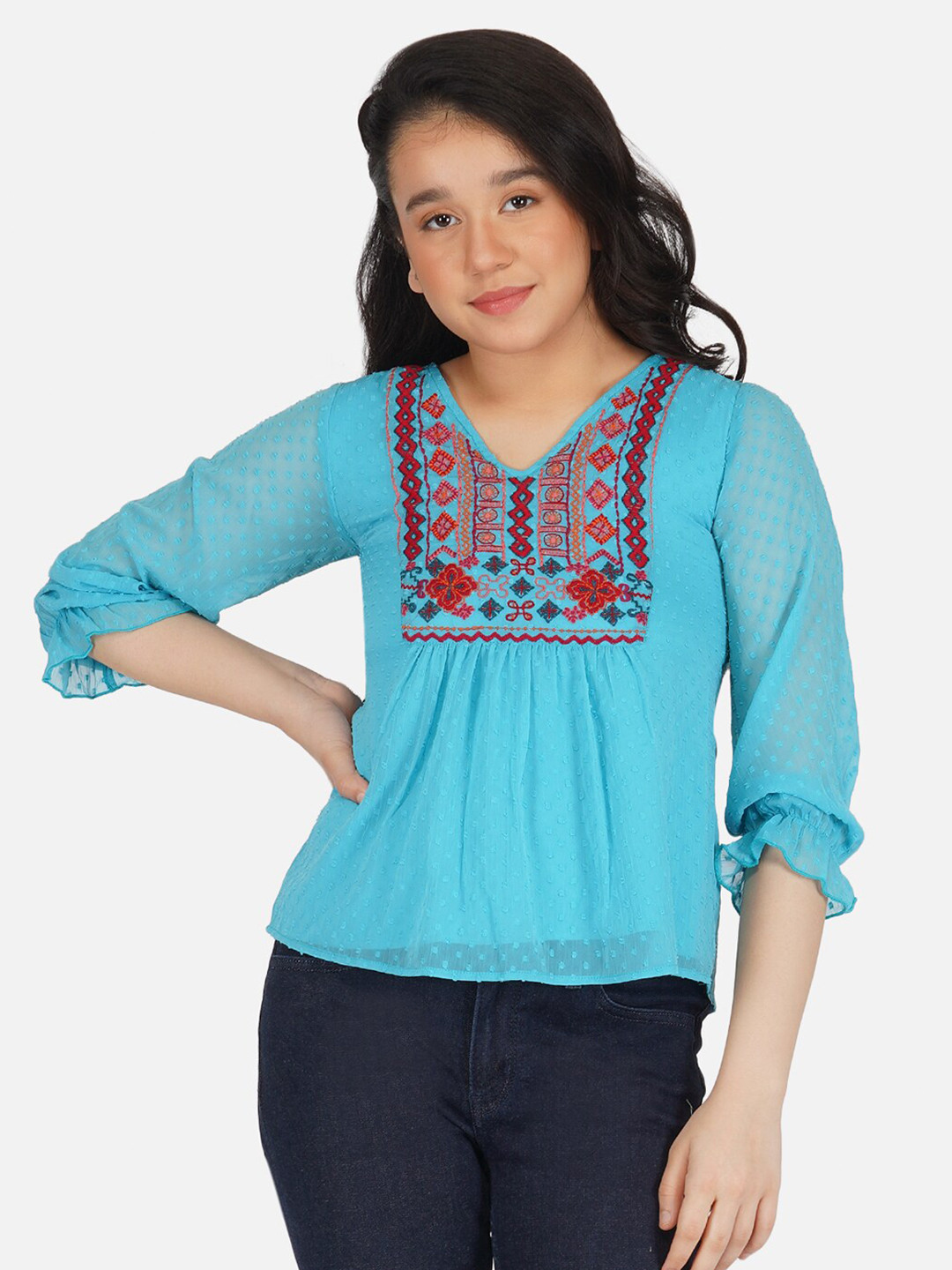 Antheaa Girls Turquoise Blue & Red Embroidered Chiffon Top
