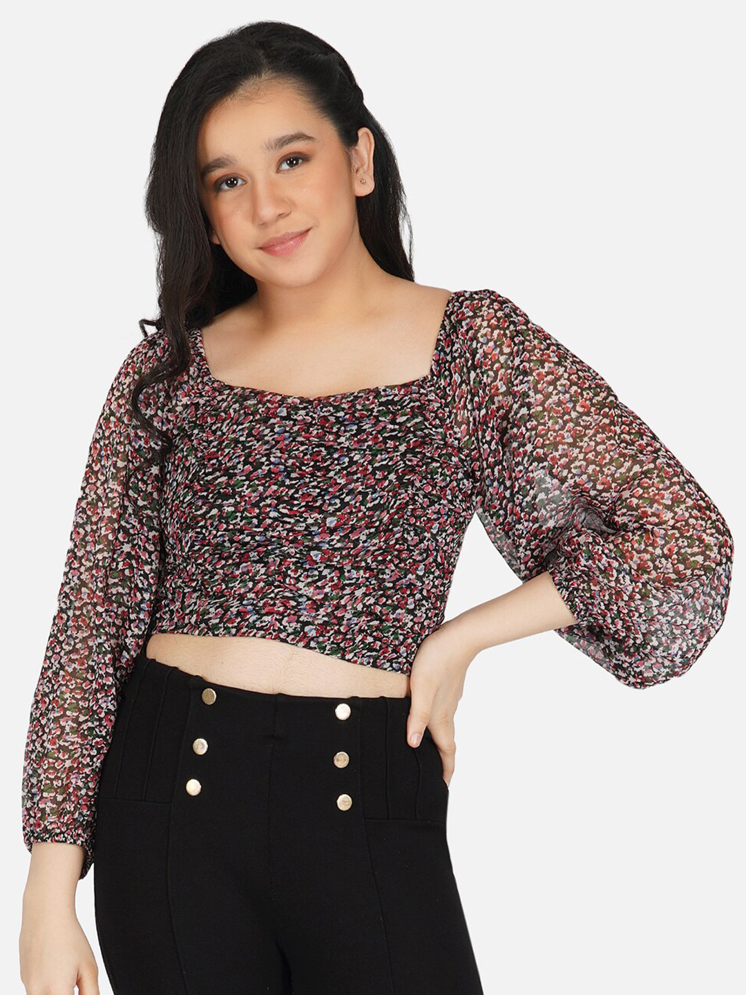 Antheaa Girls Black & Red Floral Print Chiffon Fitted Crop Top