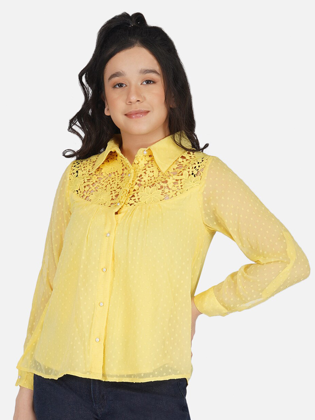 Antheaa Girls Yellow Chiffon Shirt Style Top