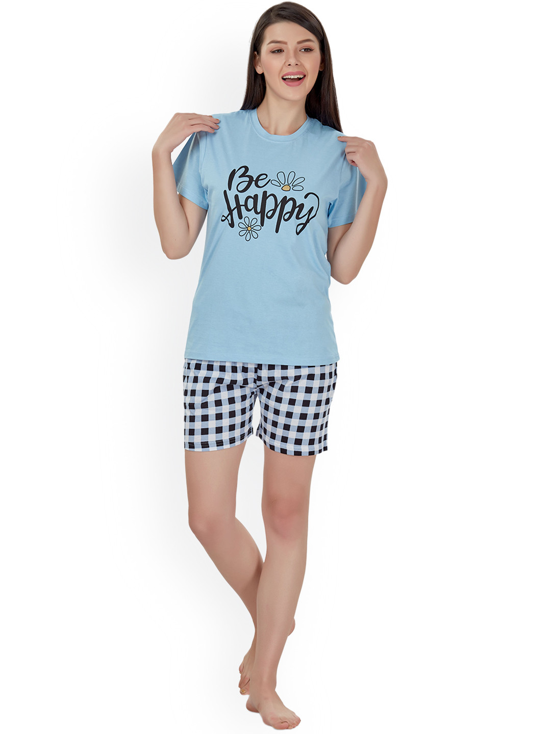 evolove Women Blue & Black Graphic Printed Pure Cotton Night Suits