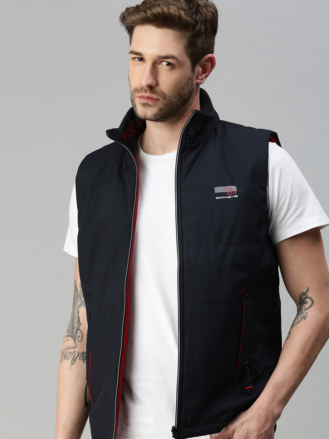 SHOWOFFFF Men Navy Blue Reversible Sporty Jacket with Patchwork