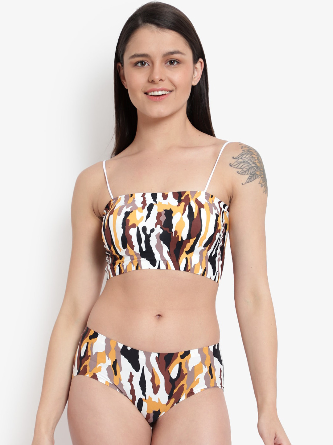 BRACHY Women Yellow & Brown Printed Lightly-Padded Lingerie Set BCA_BRPSET8738B-32B