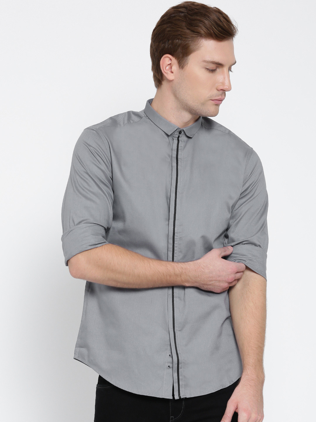 Wills Lifestyle Men Grey Slim Fit Solid Casual Shirt