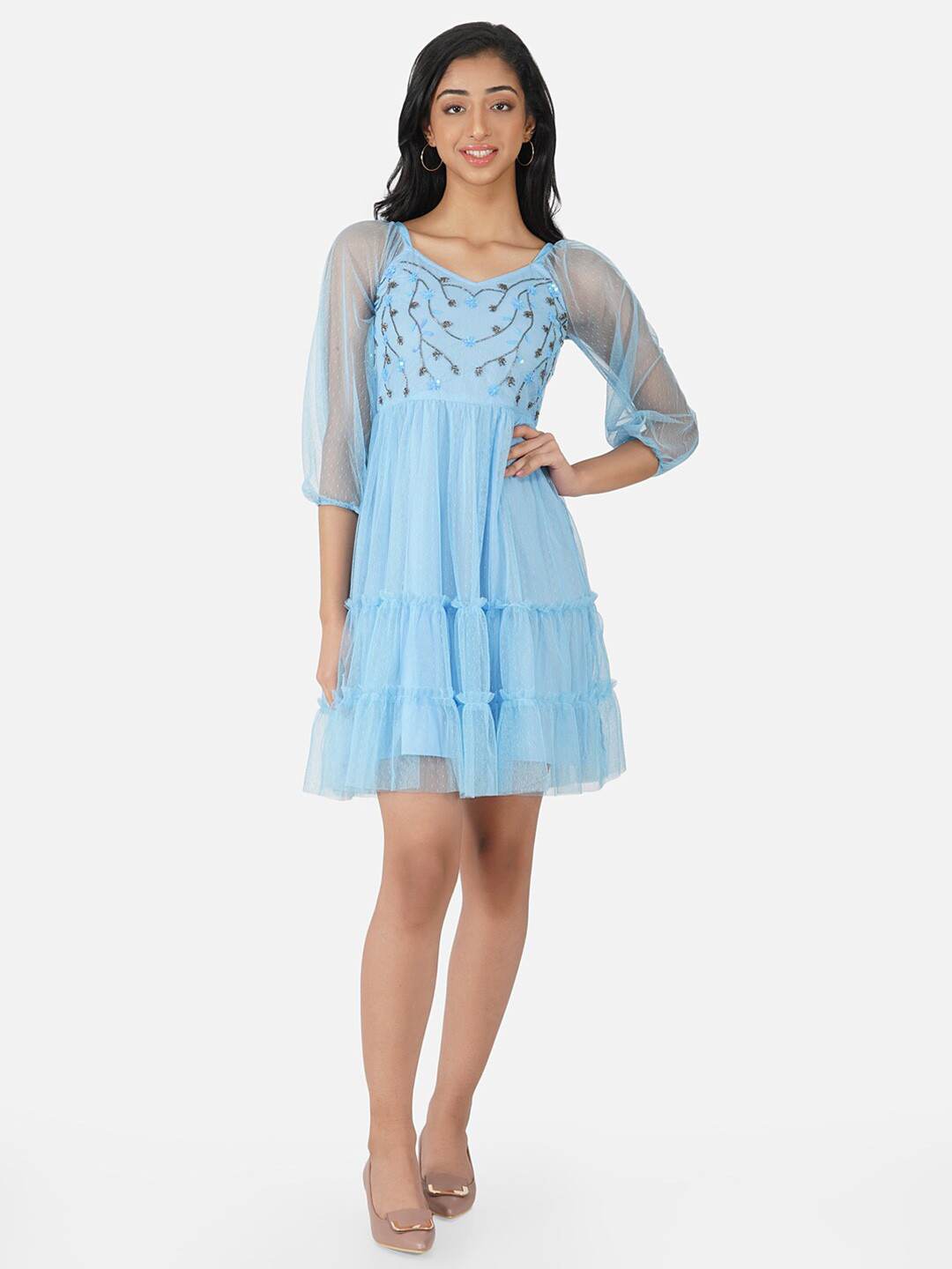 Antheaa Girls Blue Embellished Frilled Net Fit & Flare Dress