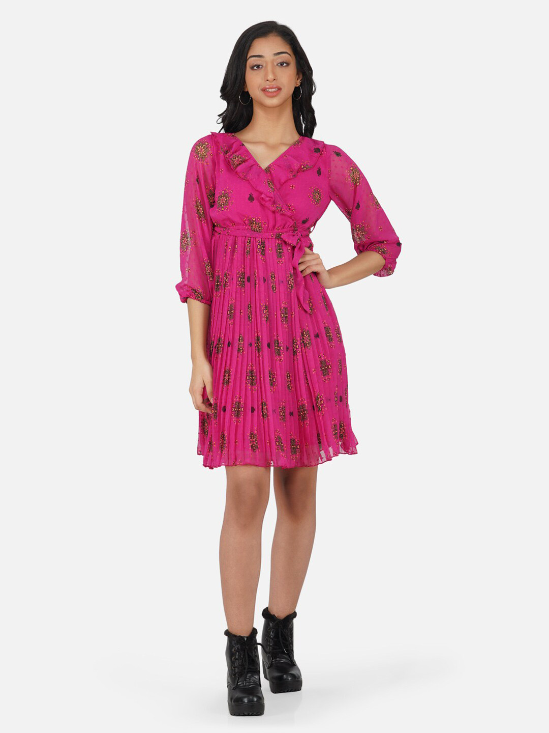 Antheaa Fuchsia Floral Printed Accordion Pleated Chiffon Wrap Dress