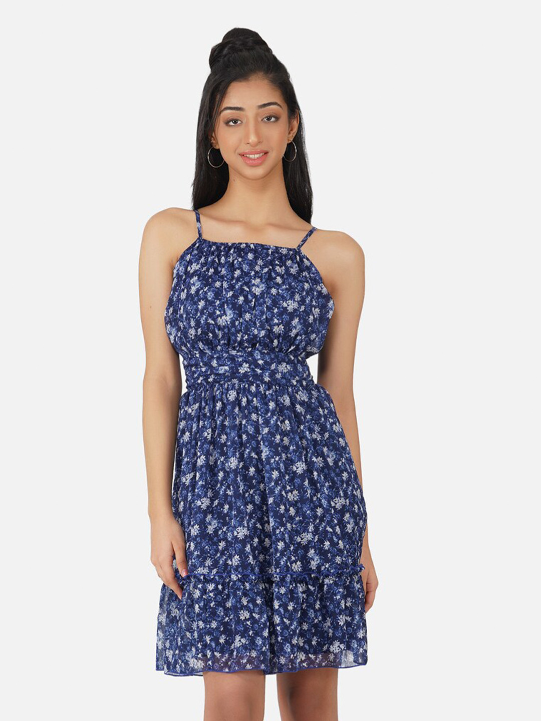 Antheaa Girls Navy Blue Floral Chiffon Ruched Skater Fit & Flare Dress