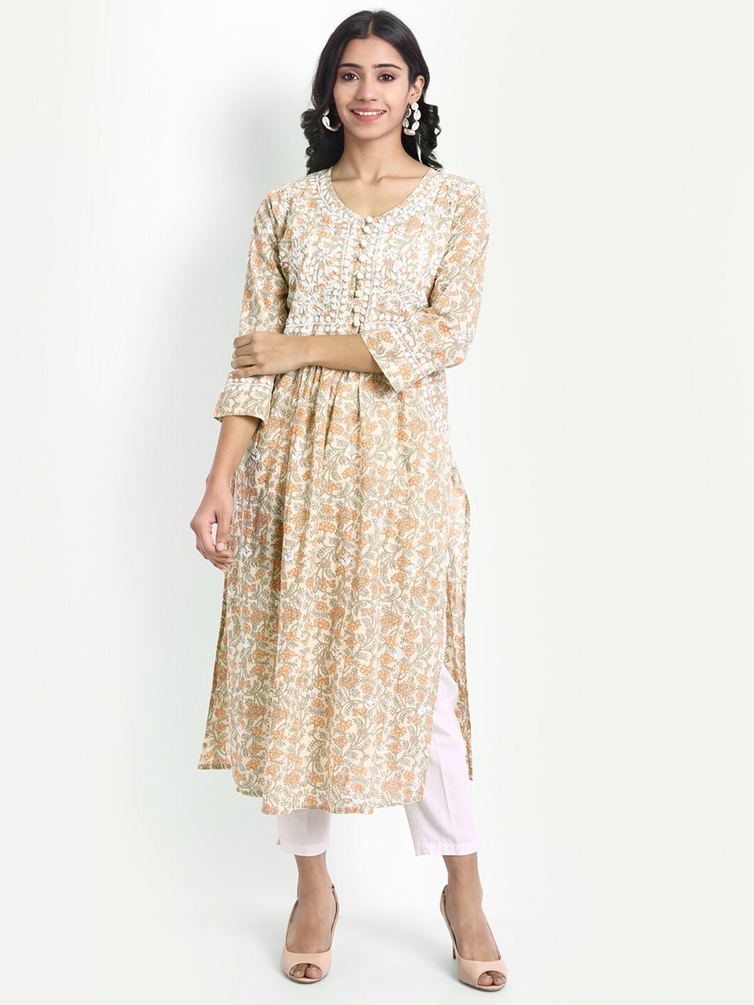 HOUSE OF KARI Multicoloured Hand Embroidery Chickenkari Cotton A-Line Dress