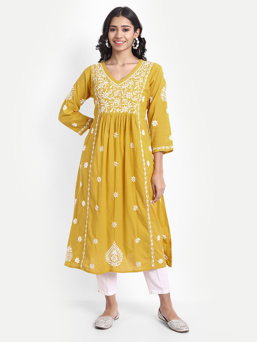 HOUSE OF KARI Yellow Hand Embroidery Chickenkari Cotton Midi A-Line Dress