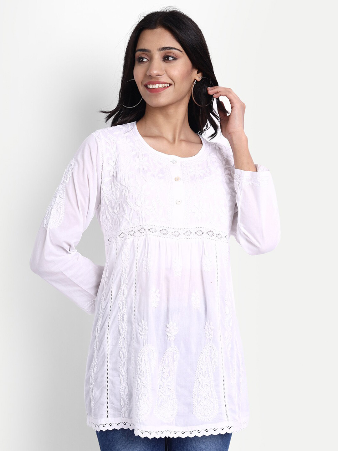 HOUSE OF KARI Women White Hand Embroidery Chickenkari Tunics