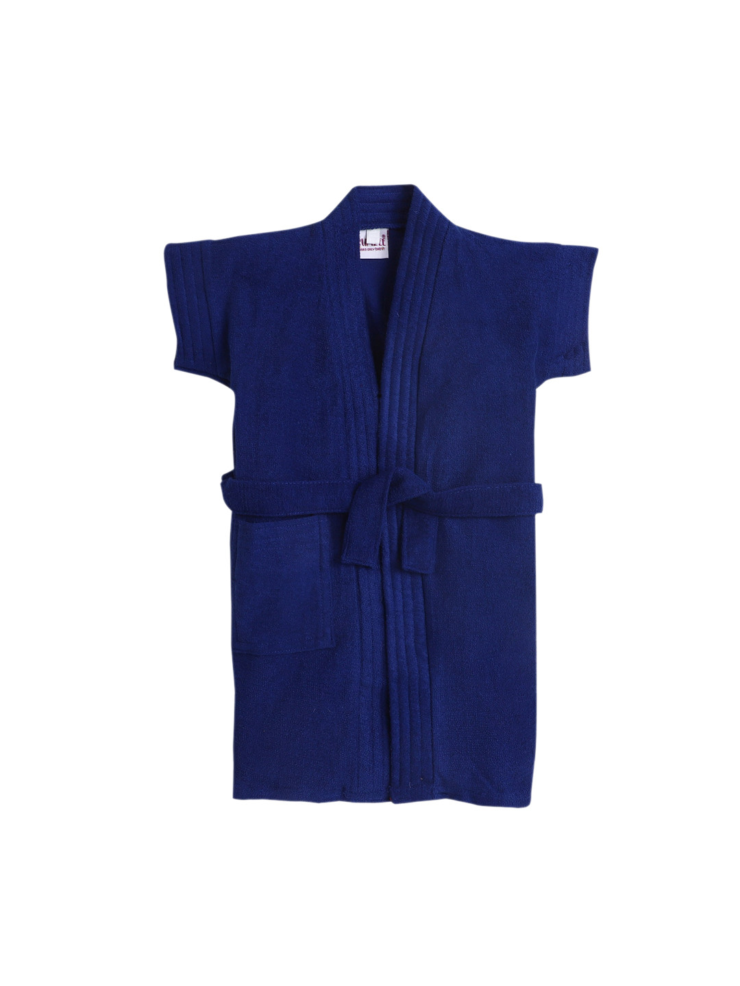 BUMZEE Navy Blue Solid Cotton Drawstring Knee Length Bath Robe-1-2Y