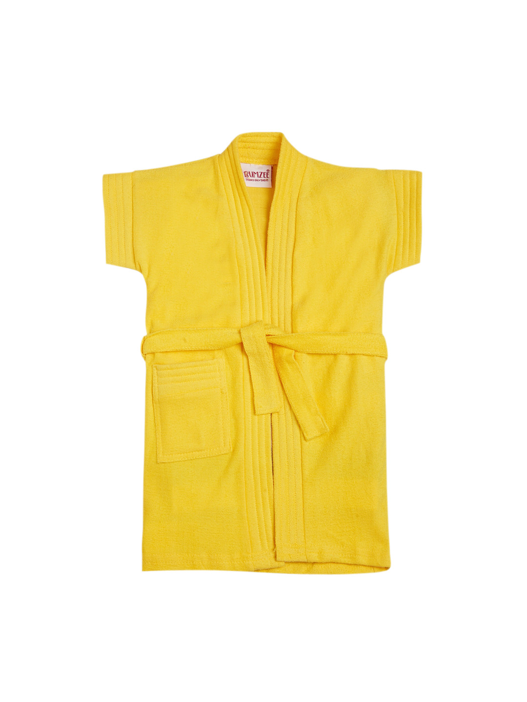 BUMZEE Yellow Solid Cotton Drawstring Knee Length Bath Robe-1-2Y
