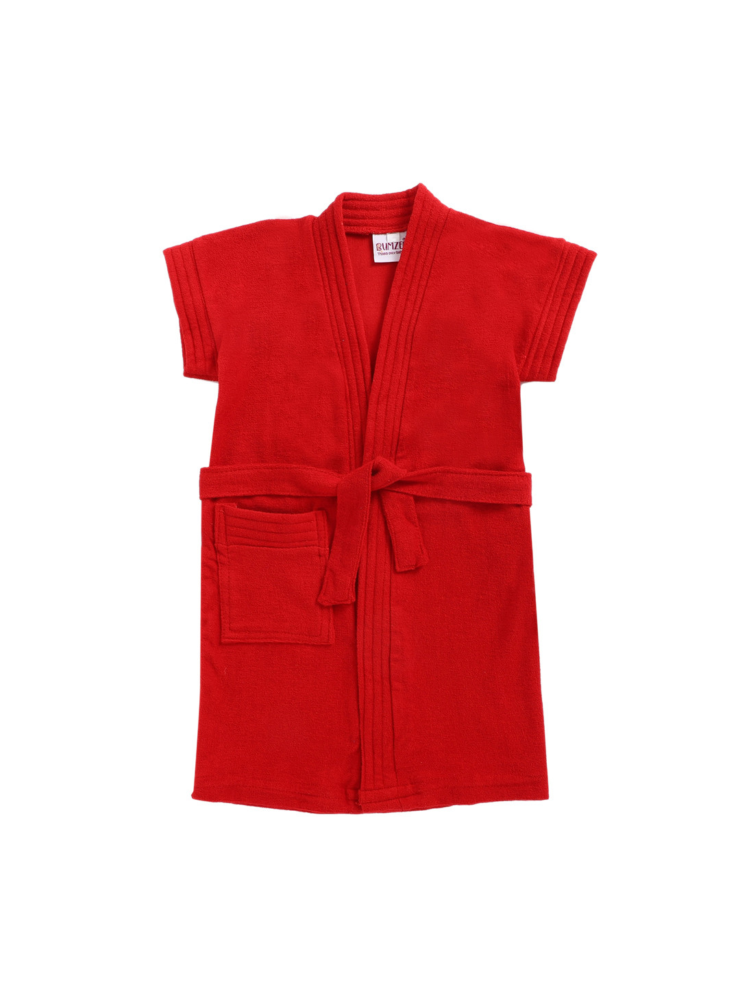 BUMZEE Red Solid Cotton Drawstring Knee Length Bath Robe-1-2Y