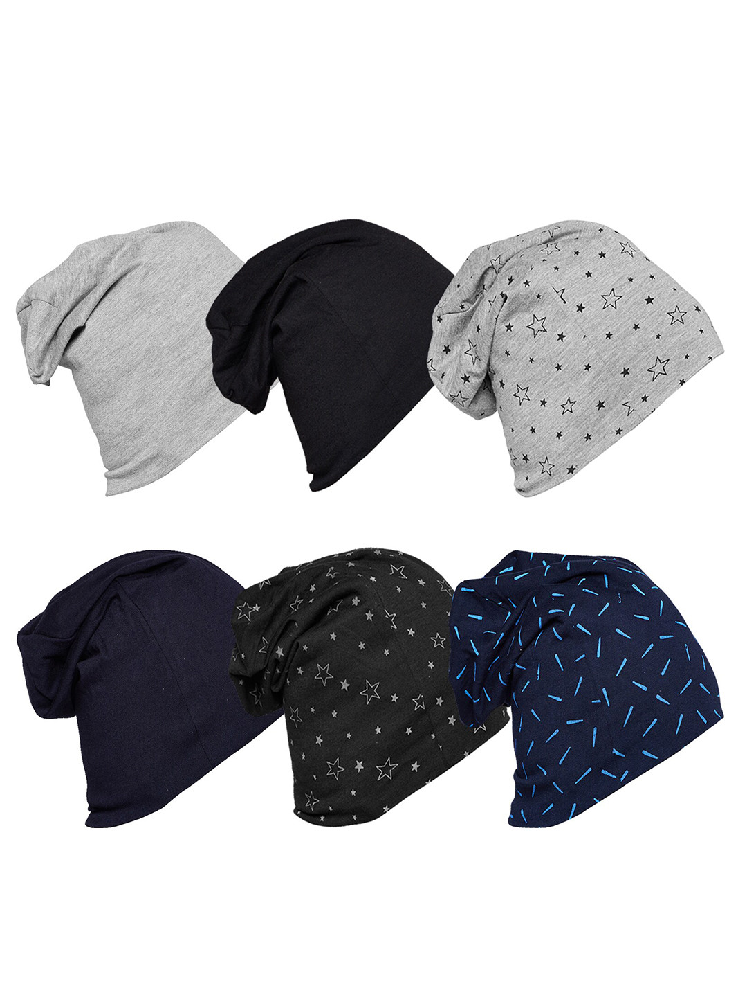 MACK JONNEY Unisex Pack of 6 Navy Blue & Grey Printed Beanie Caps