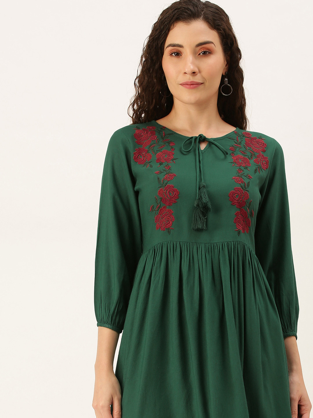 Flying Machine Women Green & Red Embroidered A-Line Dress