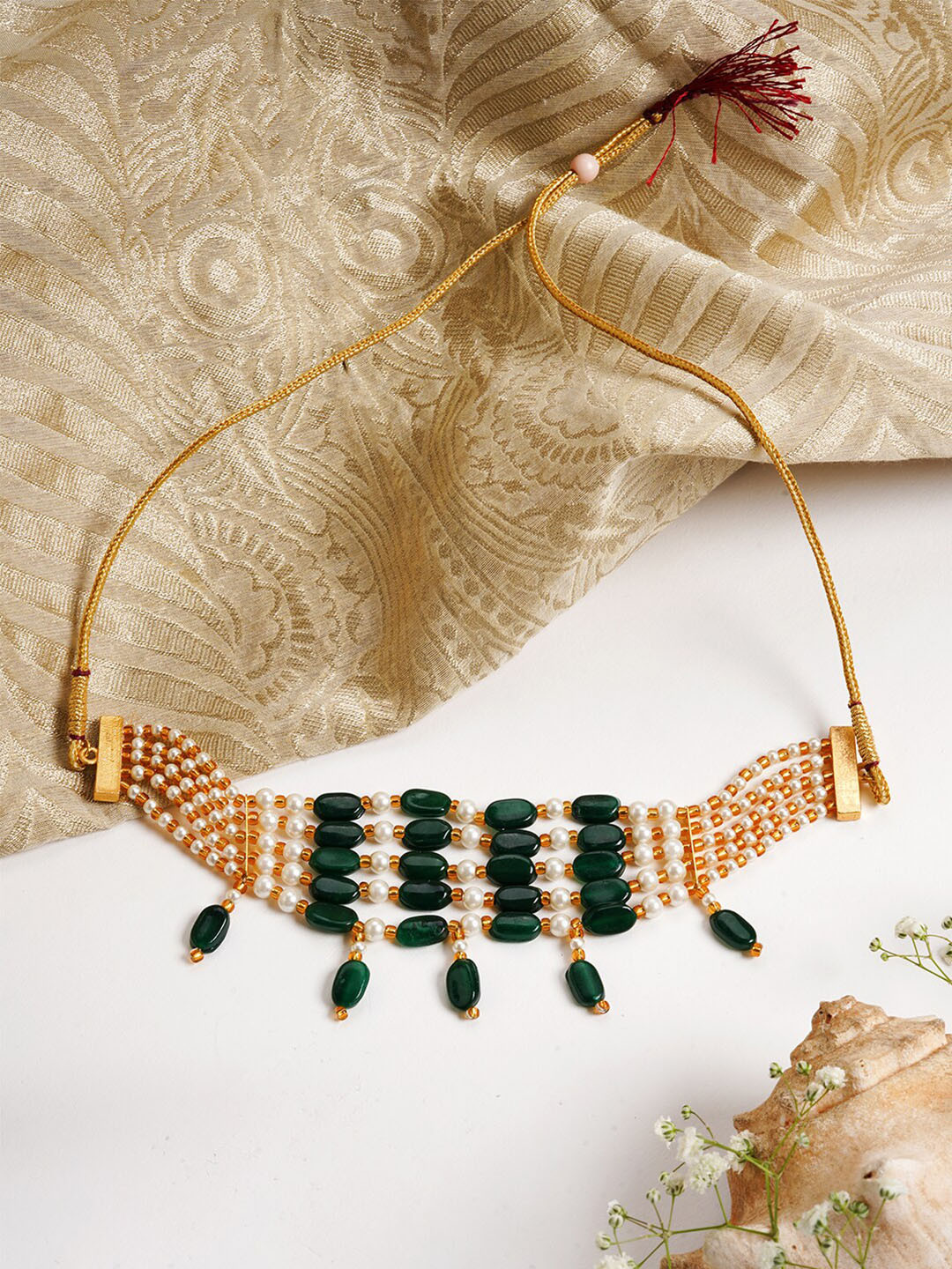 TEEJH Green & White Brass Gold-Plated Choker Necklace