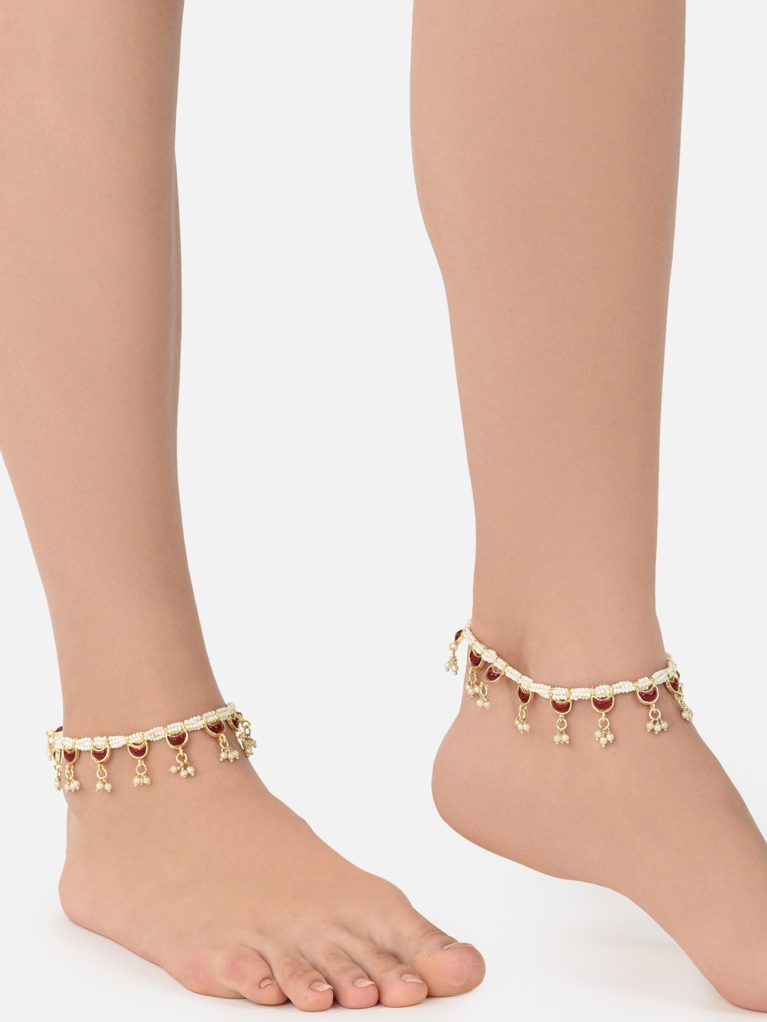 Zaveri Pearls Set Of 2 Gold-Plated Pink & White Crescent Kundan-Studded & Beaded Anklets