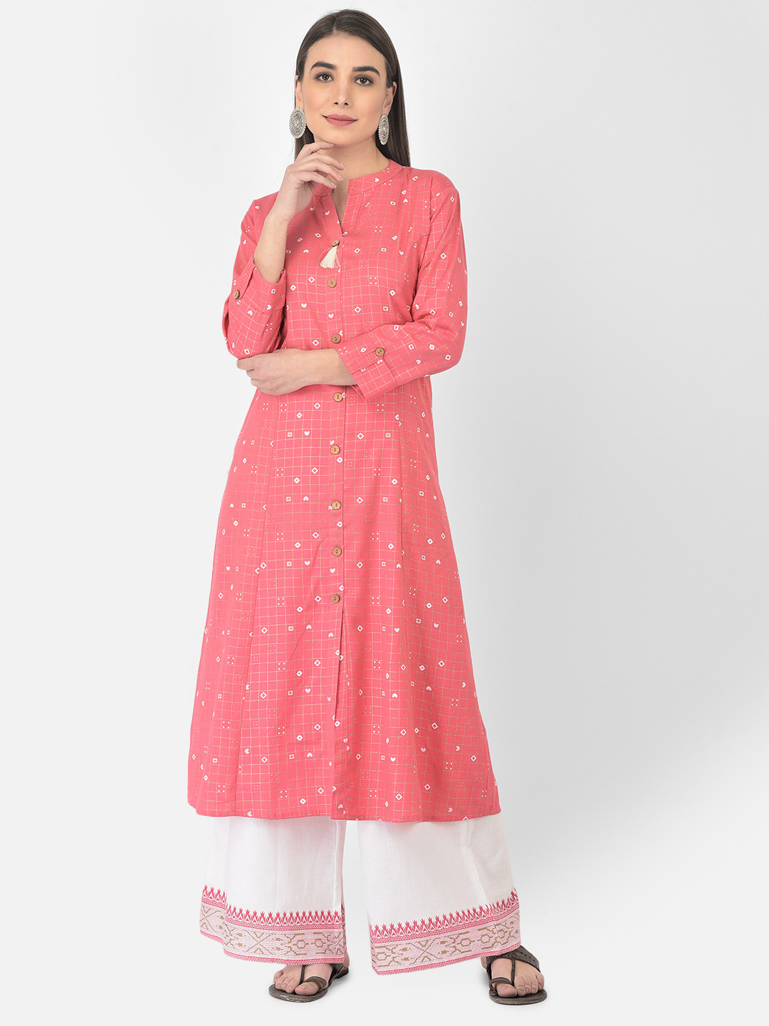 Pistaa Women Pink Printed Panelled Kurta with Palazzos