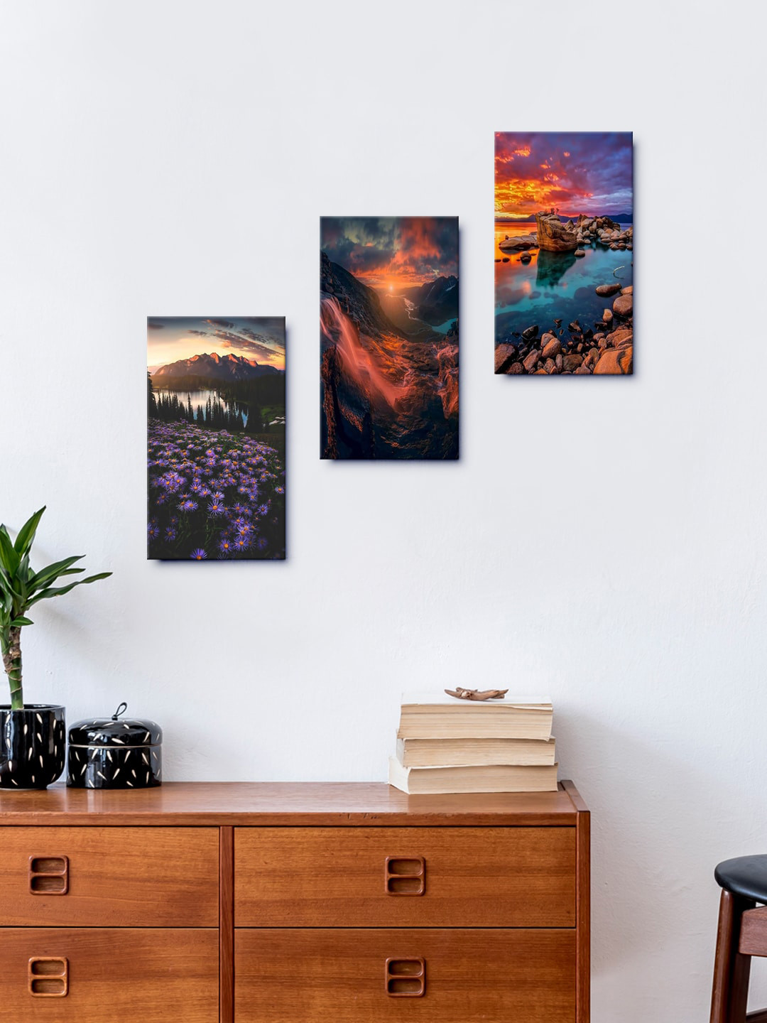 999Store Mountain View At Sunset MDF 3 Piece Wall Rectangle Paintings Wall Art - 15 x 8 In