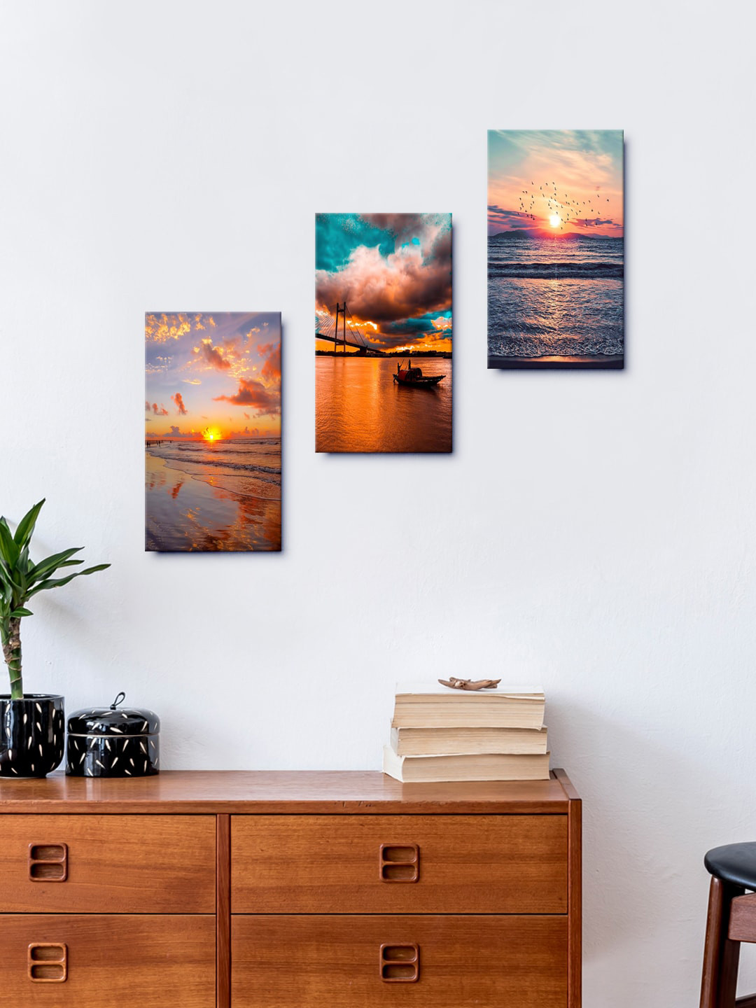 999Store Orange & Blue Set Of 3 Sunsets On Beaches Framed Wall Arts