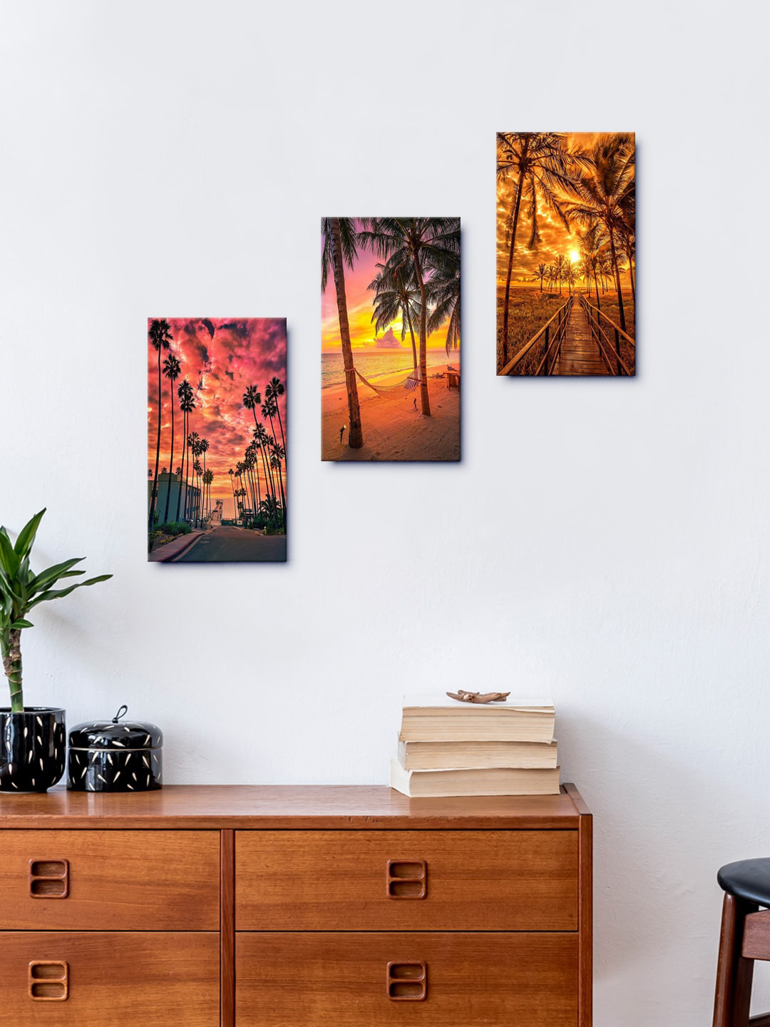 999Store Brown Beach Sunset With Palm Trees Set Of 3 Wall Painting Frames
