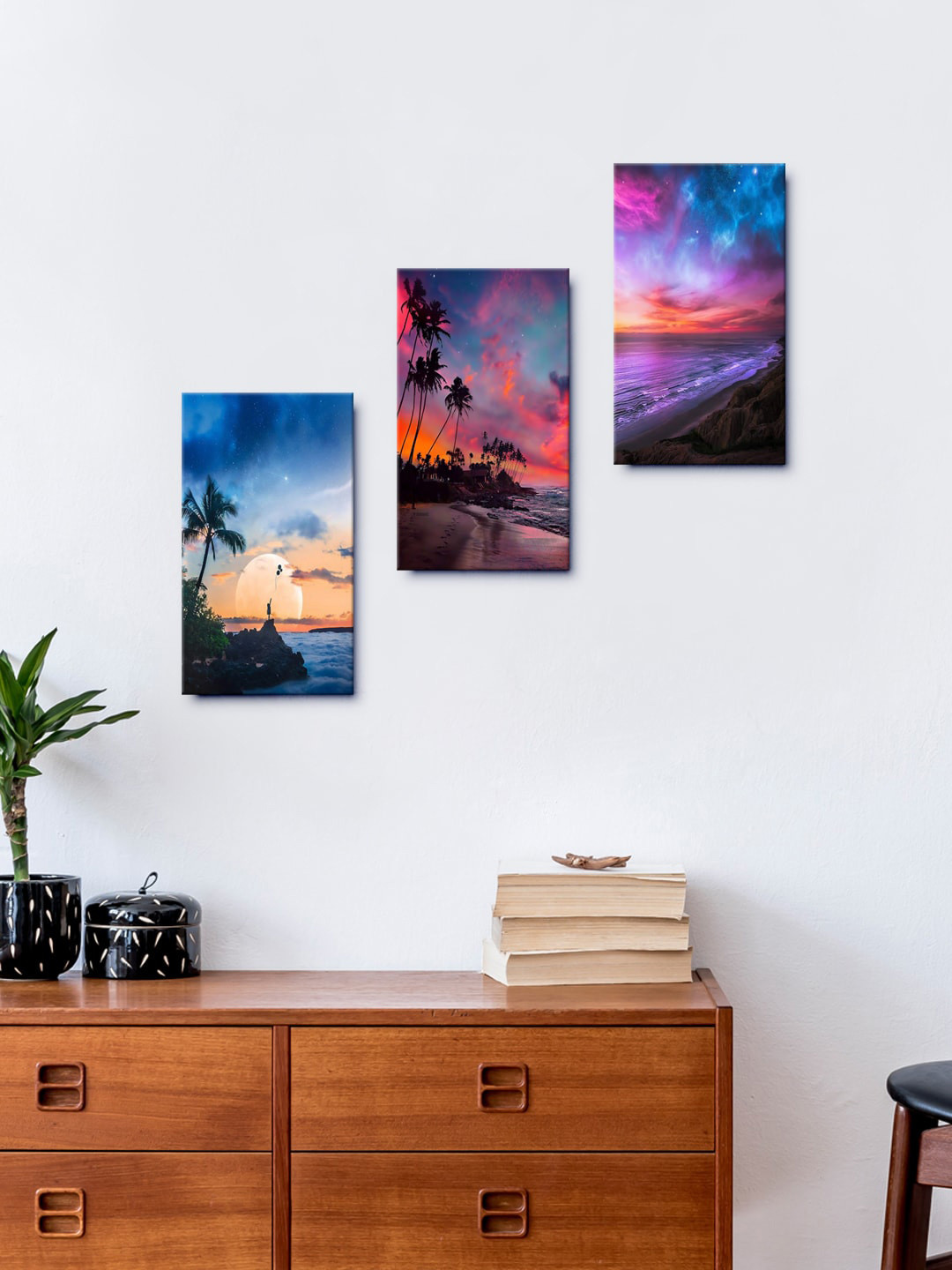 999Store Palm Tree On The Beach Paper 3 Piece Wall Rectangle Paintings Wall Art -15 x 8 In