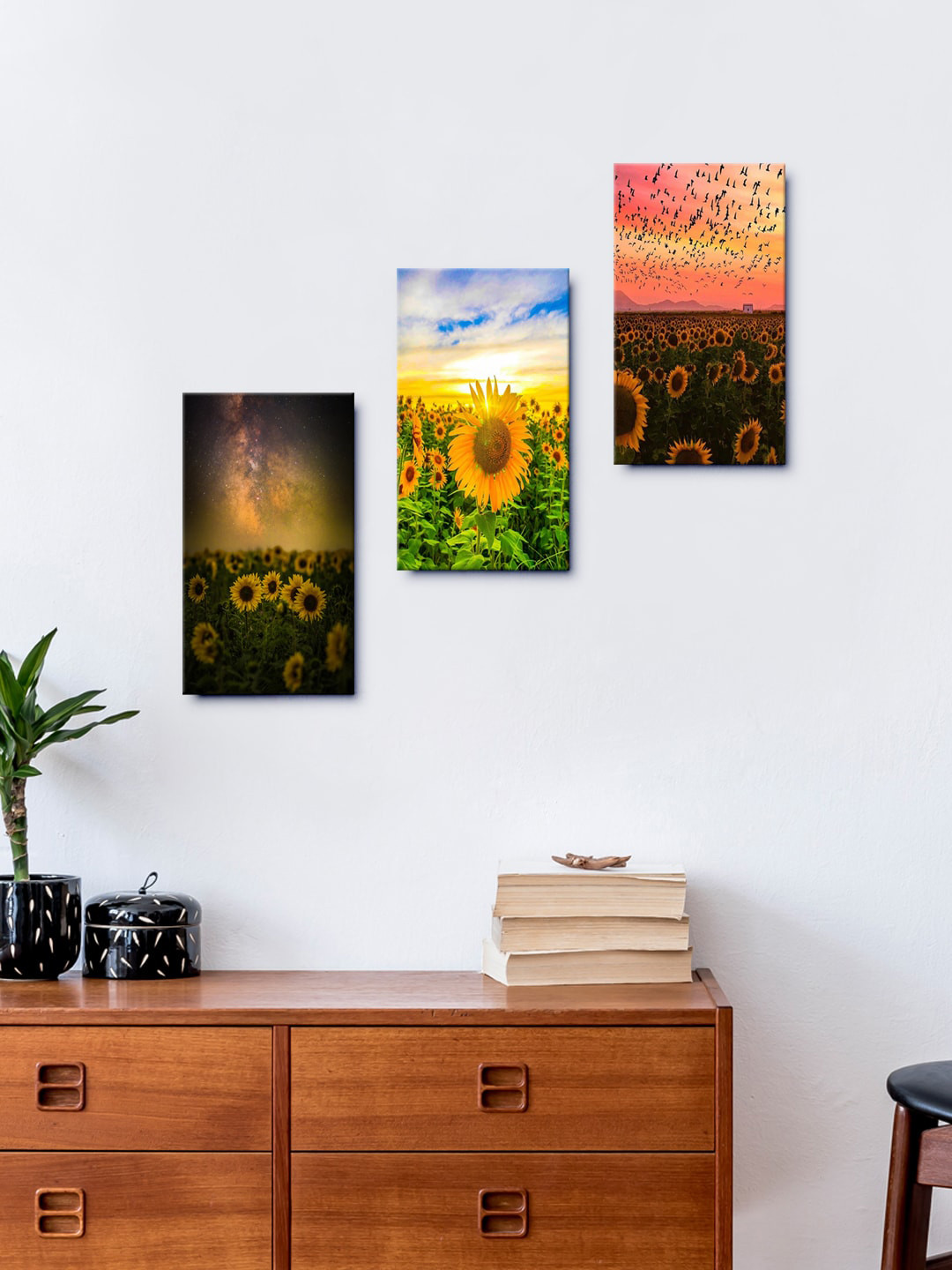999Store The Rising Sun Over The Sunflowers MDF 3 Piece Wall Paintings Wall Art -15 x 8 In
